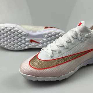 Nike White Gold Knit Upper Metallic Swoosh Turf Soccer Shoes