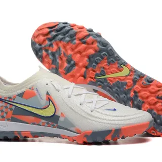 Nike White Orange Low-Cut Synthetic Upper Geometric Overlay Pattern Turf Soccer Shoes