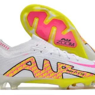 Nike White Pink Low-Cut Sock-Fit Upper Neon Graphic Cage Overlay Firm-Ground Soccer Shoes