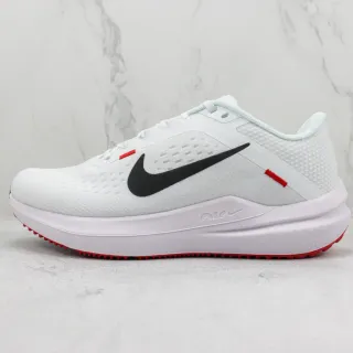 Chaussures de course Nike blanches rouges avec upper en maille engineered, branding Swoosh noir