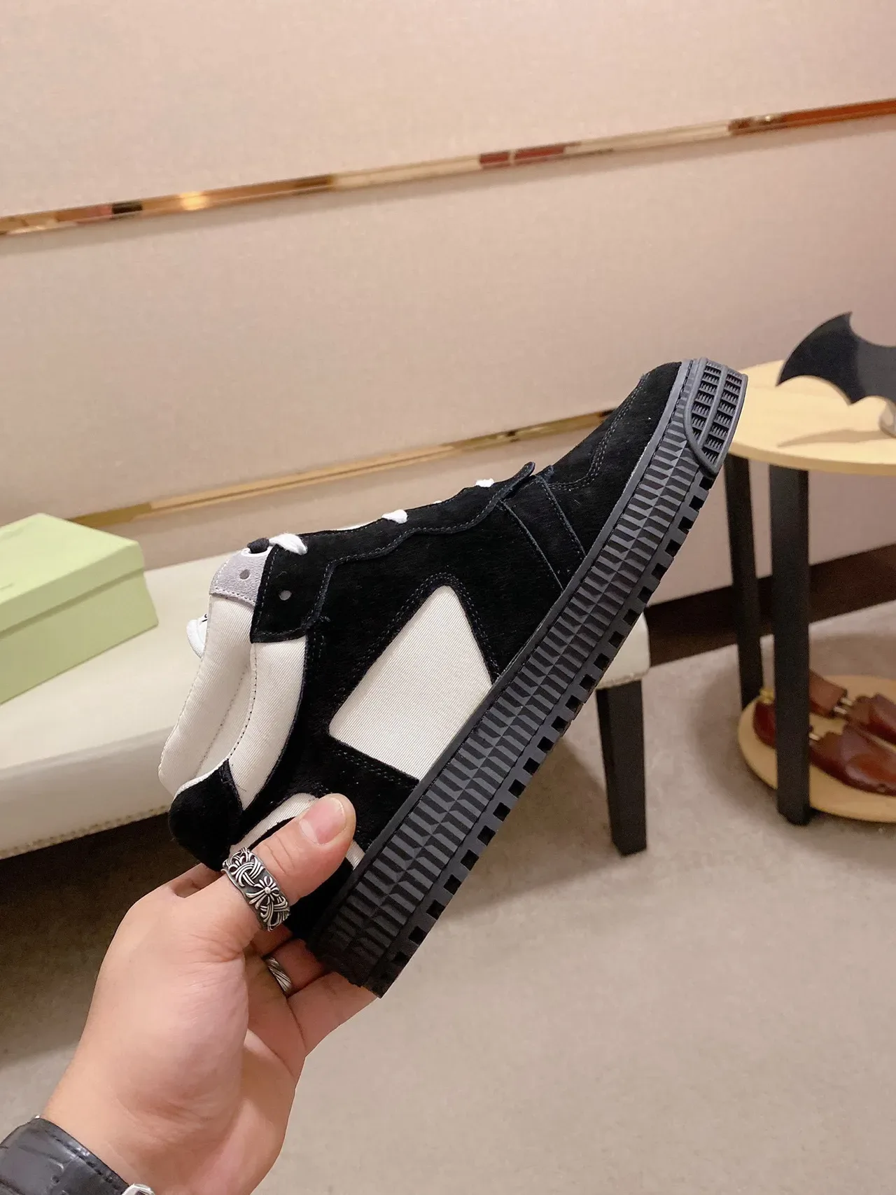 Off-White أسود عالي التوب سويد جلد مركب حذاء أسلوب حياة 5