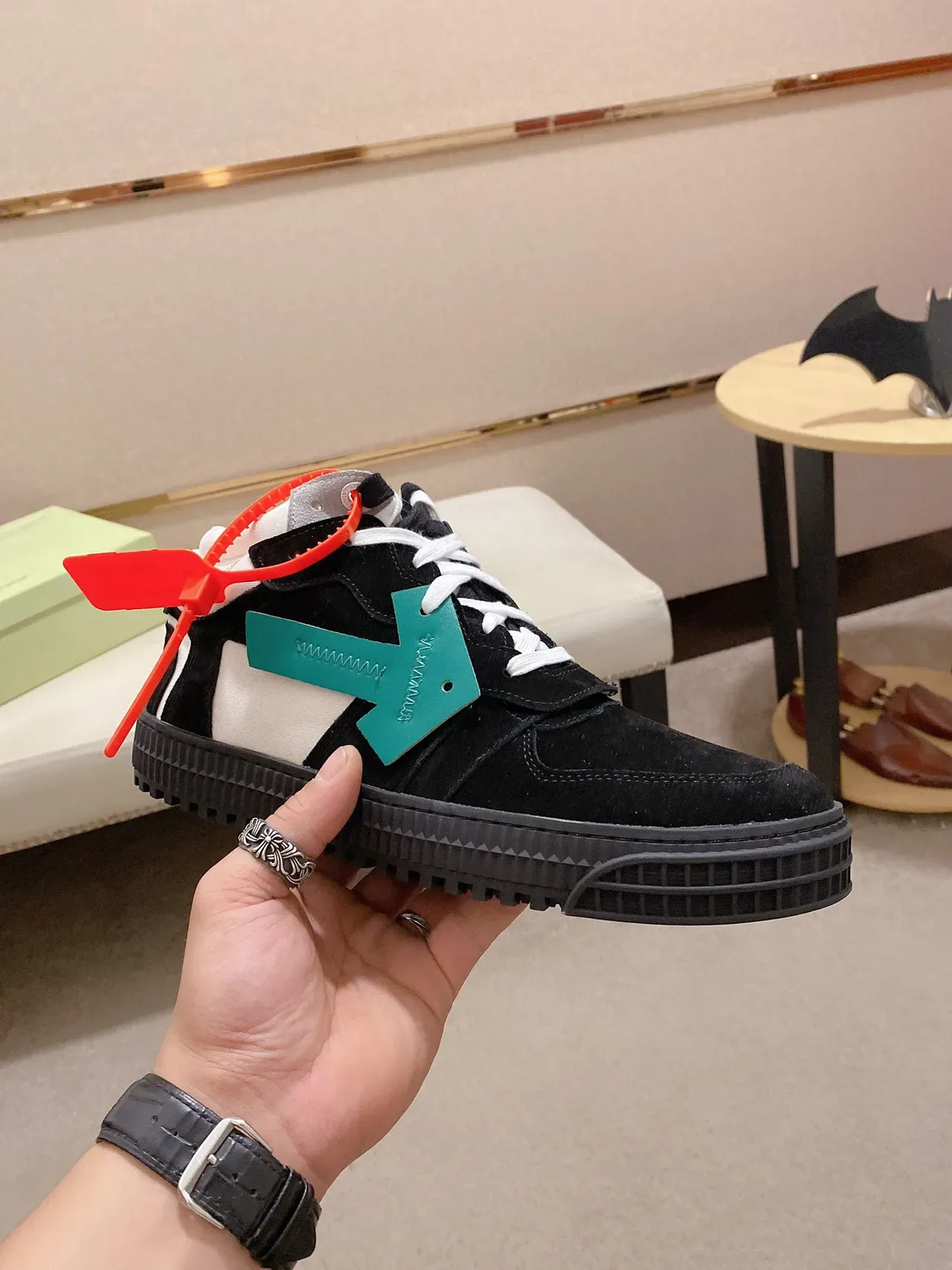 Off-White أسود عالي التوب سويد جلد مركب حذاء أسلوب حياة 6
