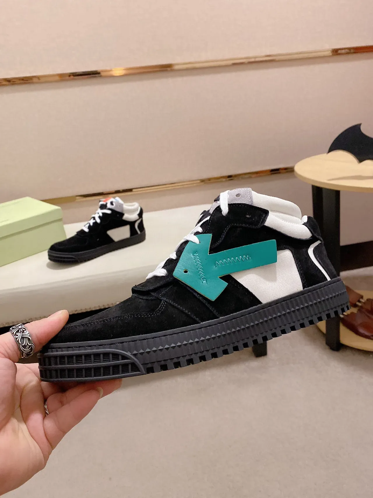 Off-White أسود عالي التوب سويد جلد مركب حذاء أسلوب حياة 7