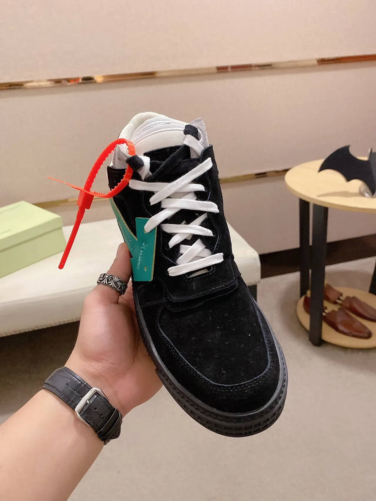 Off-White أسود عالي التوب سويد جلد مركب حذاء أسلوب حياة 8