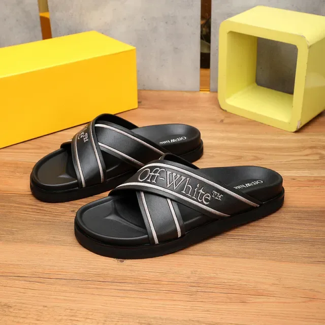 Off-White Slide Black Silver Industrial Strap Design Embroidered Logo Slippers 2