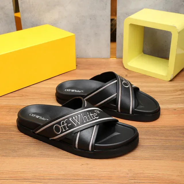 Off-White Slide Black Silver Industrial Strap Design Embroidered Logo Slippers 3