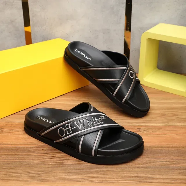 Off-White Slide Black Silver Industrial Strap Design Embroidered Logo Slippers 4