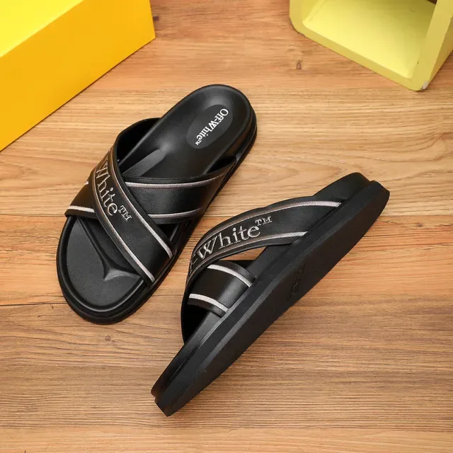 Off-White Slide Black Silver Industrial Strap Design Embroidered Logo Slippers 5