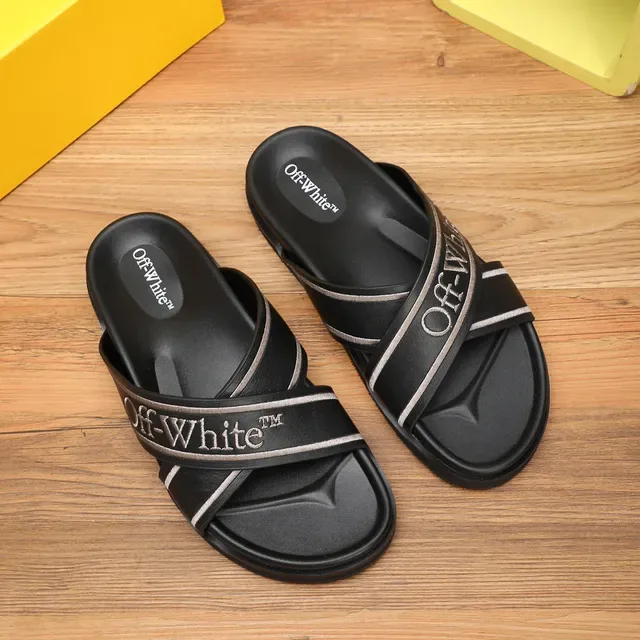 Off-White Slide Black Silver Industrial Strap Design Embroidered Logo Slippers 6