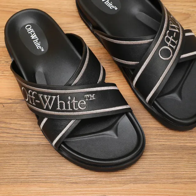 Off-White Slide Black Silver Industrial Strap Design Embroidered Logo Slippers 7
