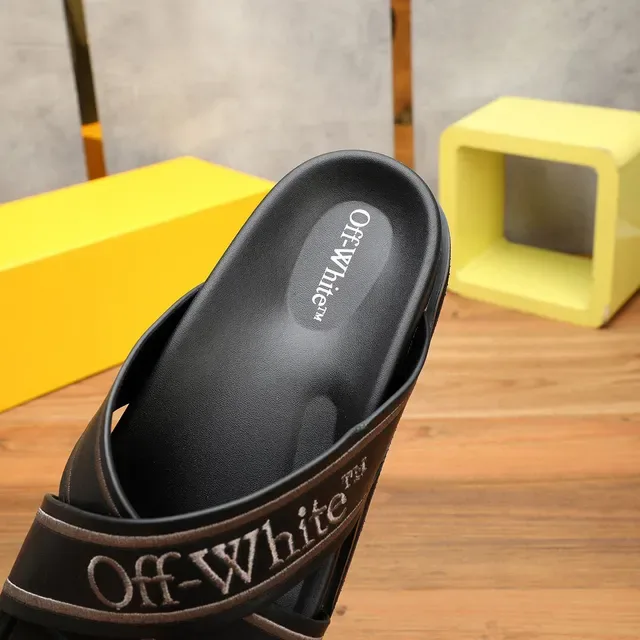 Off-White Slide Black Silver Industrial Strap Design Embroidered Logo Slippers 8
