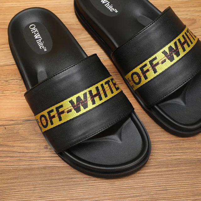 Off-White Slide Black Yellow Platform Sole Industrial Tape Strap Slippers 9