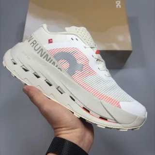 On Beige Red Engineered Mesh Upper Sculpted Hollow-Channel Midsole Running Shoes