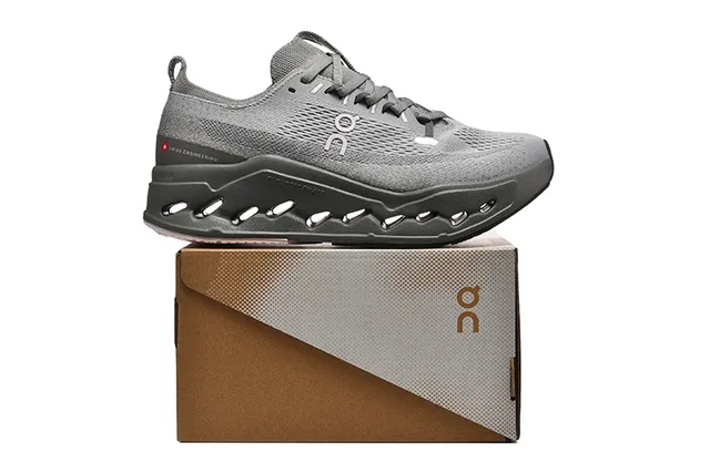 On Gray Black Engineered Knit Upper Open Hexagonal CloudTec Pods Running Shoes 2