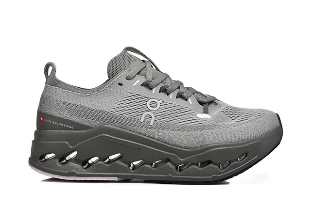 On Gray Black Engineered Knit Upper Open Hexagonal CloudTec Pods Running Shoes 4