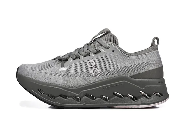 On Gray Black Engineered Knit Upper Open Hexagonal CloudTec Pods Running Shoes 5