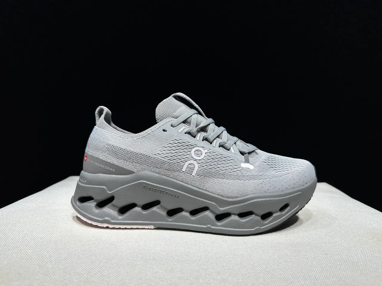 On Gray Black Engineered Knit Upper Open Hexagonal CloudTec Pods Running Shoes 8