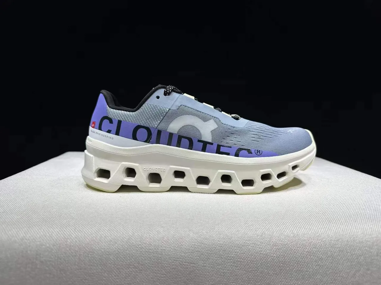 On Gray Purple Engineered Knit Upper Open Hexagonal CloudTec Midsole Sneakers 4