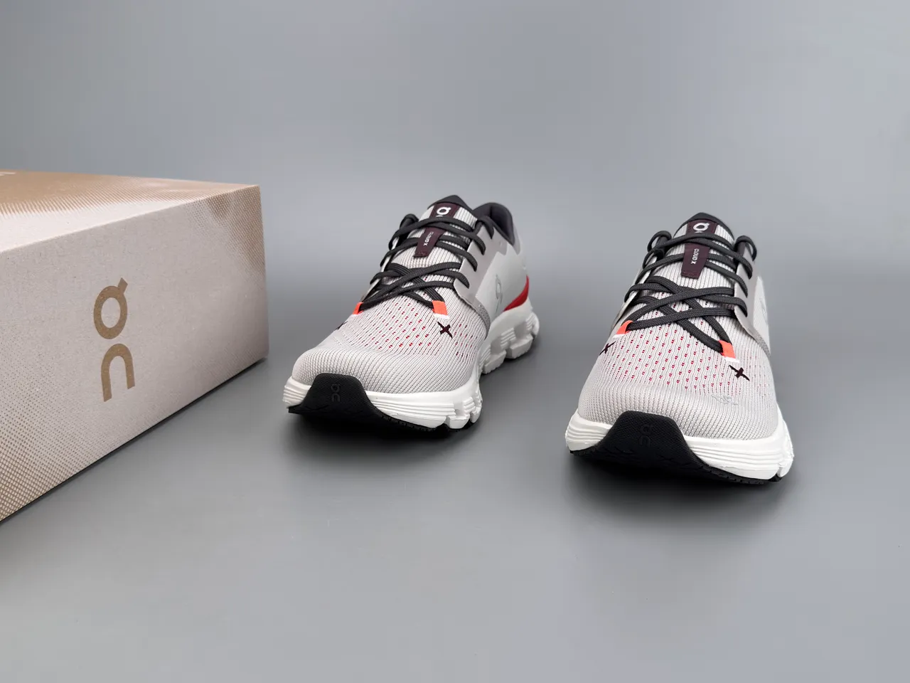 On Gray Red Engineered Knit Upper Open-Cell CloudTec Midsole Running Shoes 3