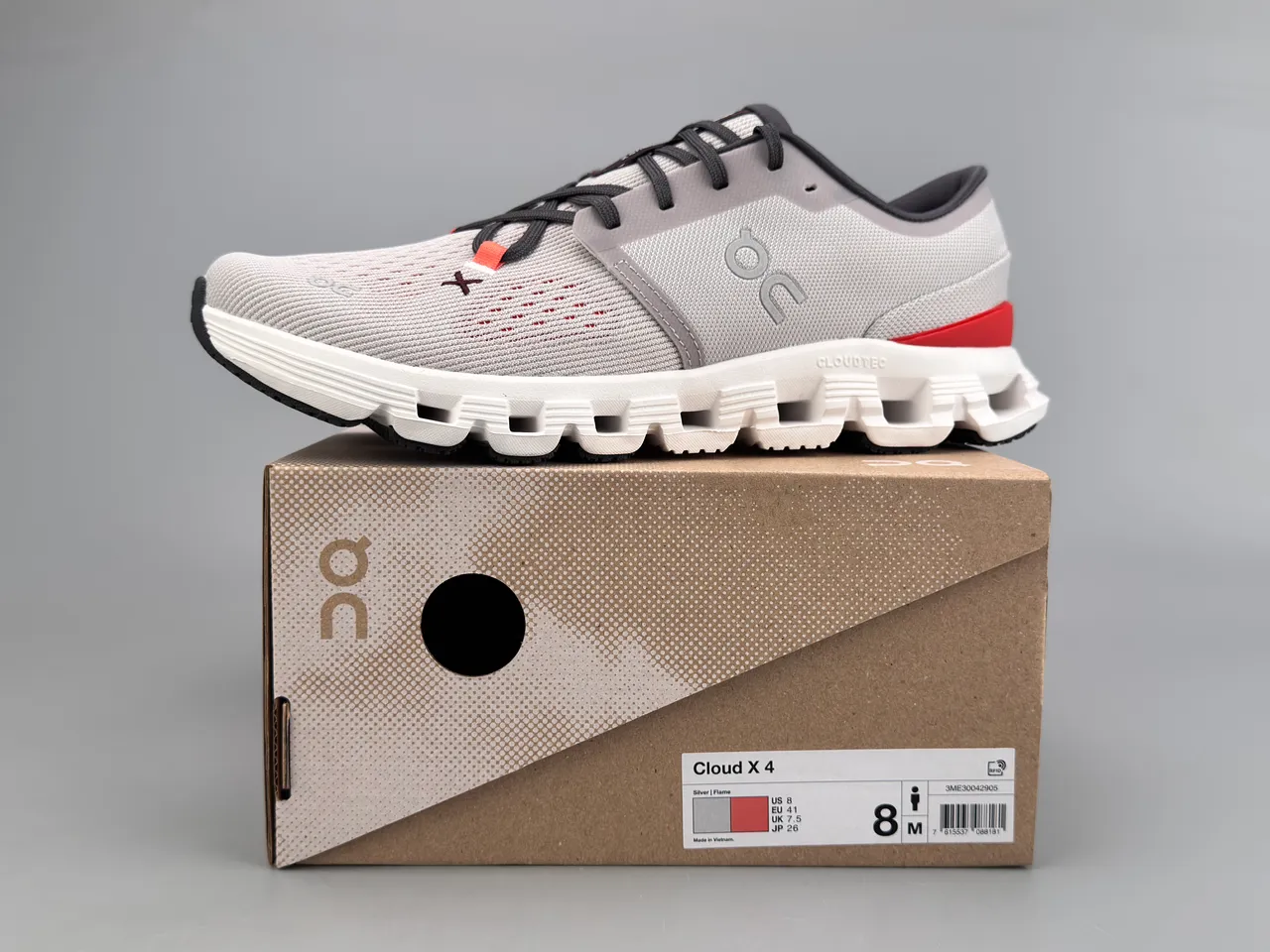 On Gray Red Engineered Knit Upper Open-Cell CloudTec Midsole Running Shoes 4