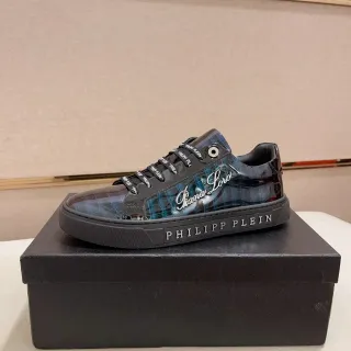 Philipp Plein Black Blue Glossy Patent-Like Upper Crocodile-Embossed Texture Lifestyle Sneakers