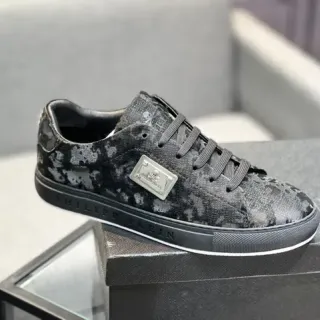 Philipp Plein Black Gray Floral-Print Leather Upper Metal Skull Plaque Lifestyle Sneakers