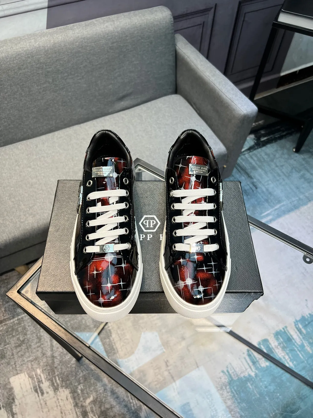 Philipp Plein أسود أحمر لامع بولي يوريثان أعلى تدرج قزحي أسلوب حياة حذاء رياضي 2
