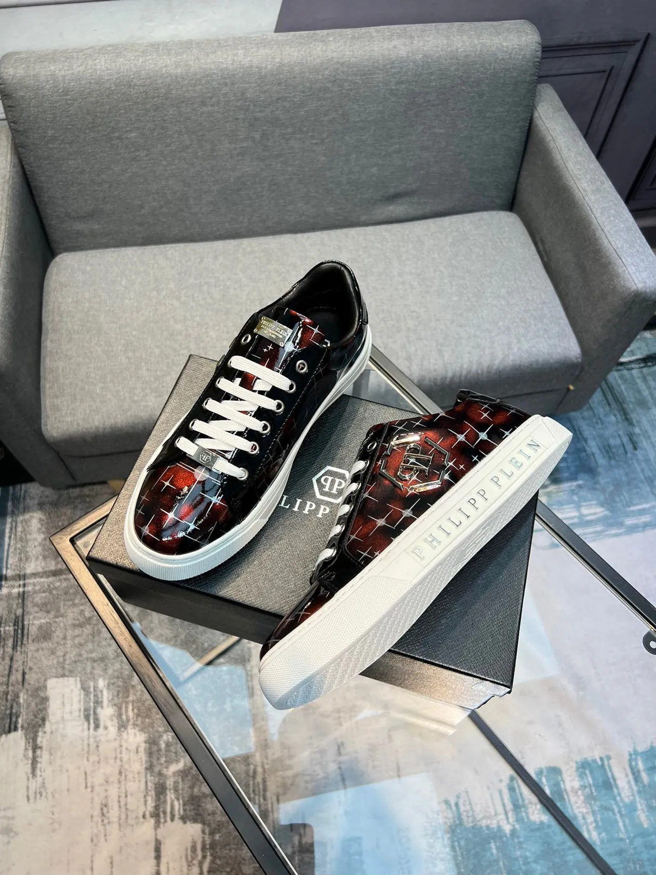 Philipp Plein أسود أحمر لامع بولي يوريثان أعلى تدرج قزحي أسلوب حياة حذاء رياضي 3