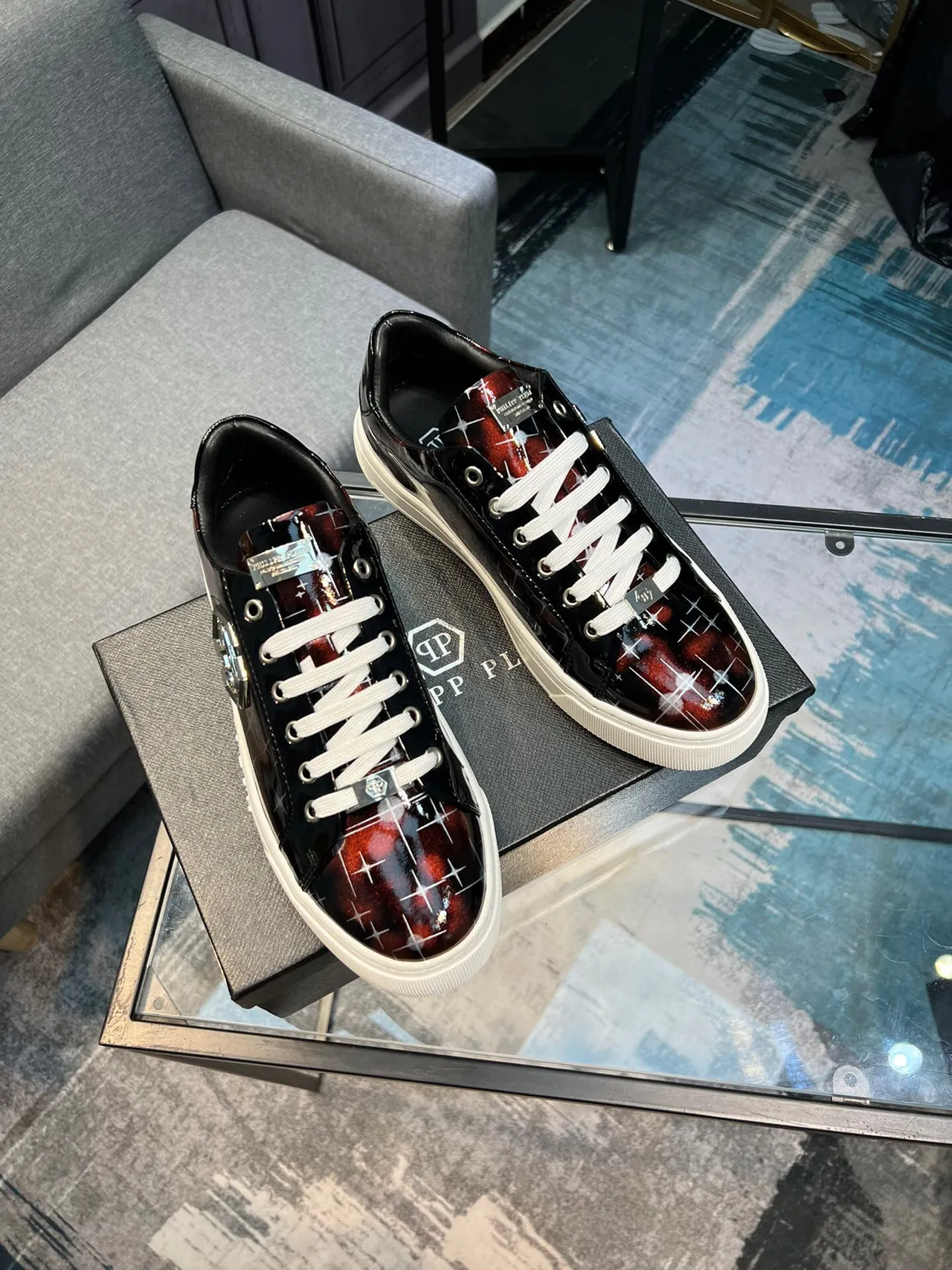 Philipp Plein أسود أحمر لامع بولي يوريثان أعلى تدرج قزحي أسلوب حياة حذاء رياضي 4