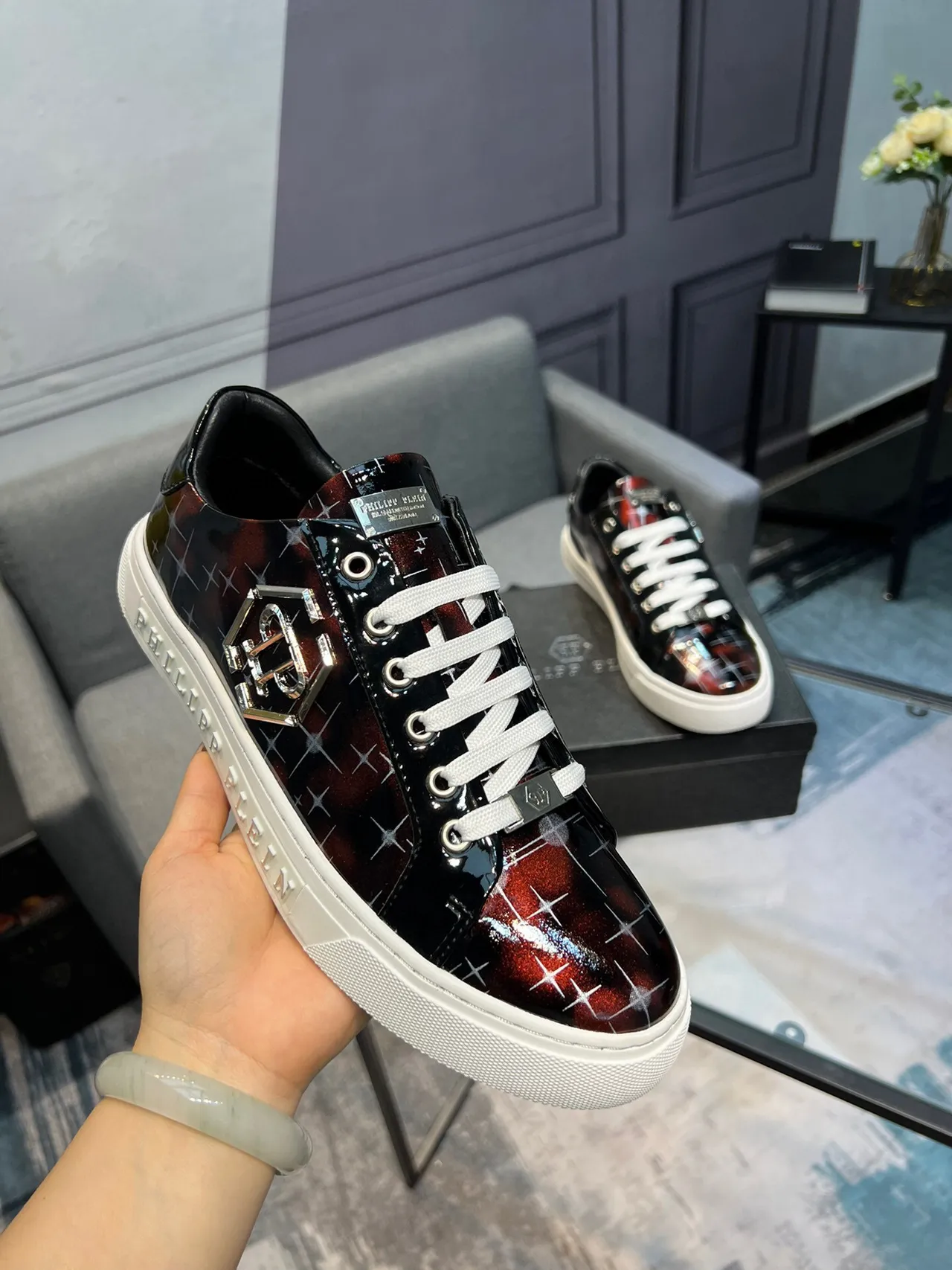 Philipp Plein أسود أحمر لامع بولي يوريثان أعلى تدرج قزحي أسلوب حياة حذاء رياضي 5