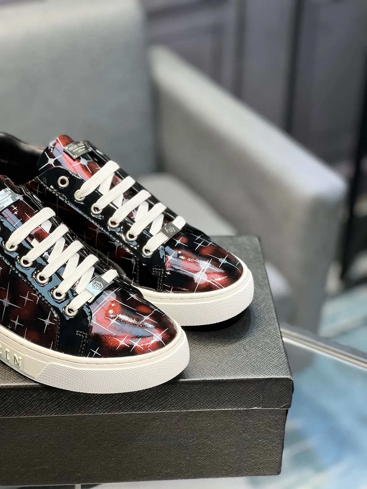 Philipp Plein أسود أحمر لامع بولي يوريثان أعلى تدرج قزحي أسلوب حياة حذاء رياضي 8
