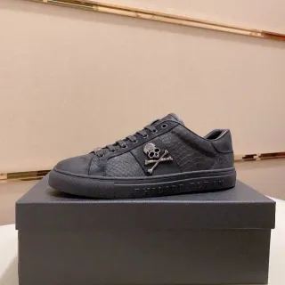 Philipp Plein Black Silver Leather And Snakeskin-Textured Upper Metal Emblem Lifestyle Sneakers