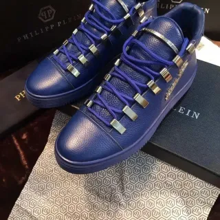Philipp Plein Blue Purple Pebbled Leather Metal Lace Loops Lifestyle Sneakers