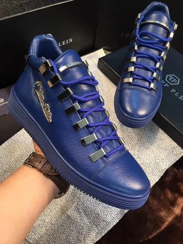 Philipp Plein أحذية رياضية أسلوب حياة أزرق أرجواني جلد متعرج حلقات معدنية للأحزمة 4