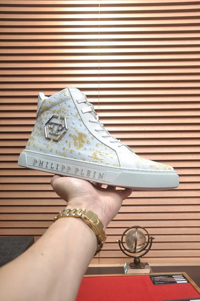 Philipp Plein Sneakers Lifestyle Hautes en Cuir d'Autruche à Éclats Dorés 2