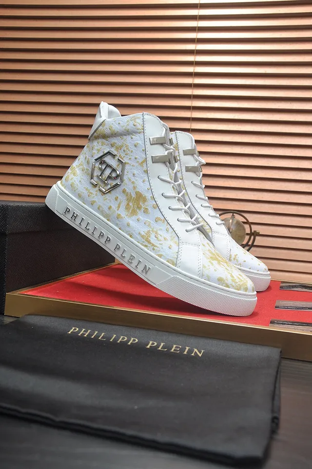 Philipp Plein Sneakers Lifestyle Hautes en Cuir d'Autruche à Éclats Dorés 4
