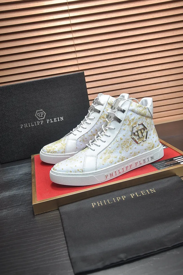 Philipp Plein Sneakers Lifestyle Hautes en Cuir d'Autruche à Éclats Dorés 5