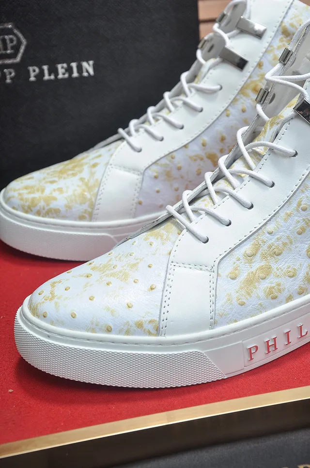 Philipp Plein Sneakers Lifestyle Hautes en Cuir d'Autruche à Éclats Dorés 8