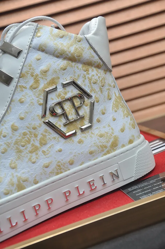 Philipp Plein Sneakers Lifestyle Hautes en Cuir d'Autruche à Éclats Dorés 9
