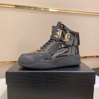 Philipp Plein Rockstar Black Gold उच्च टॉप चमकदार पैटेंट लेदर लाइफस्टाइल स्नीकर