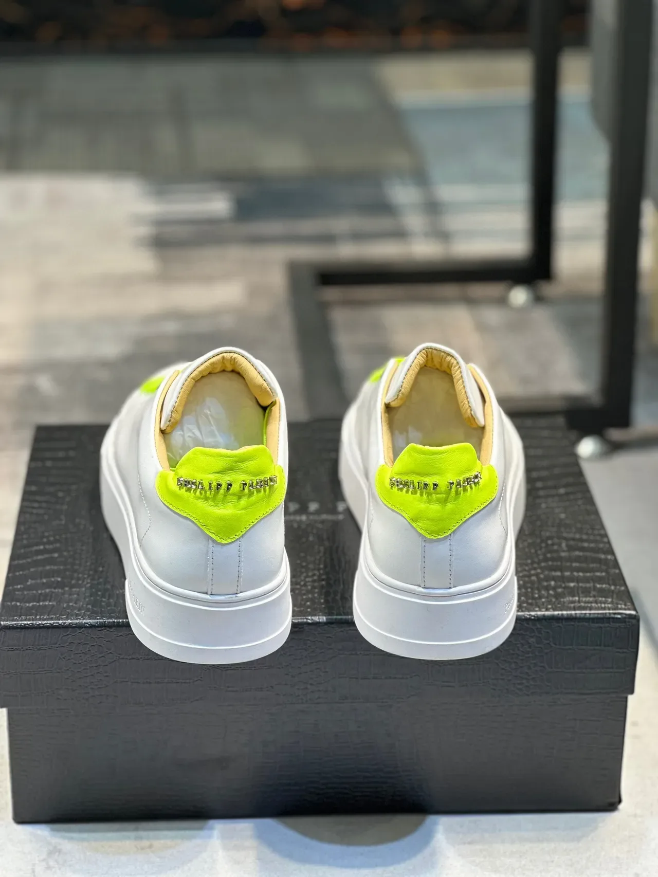 Philipp Plein White and Neon Lime Green Platform Lifestyle Sneakers 2
