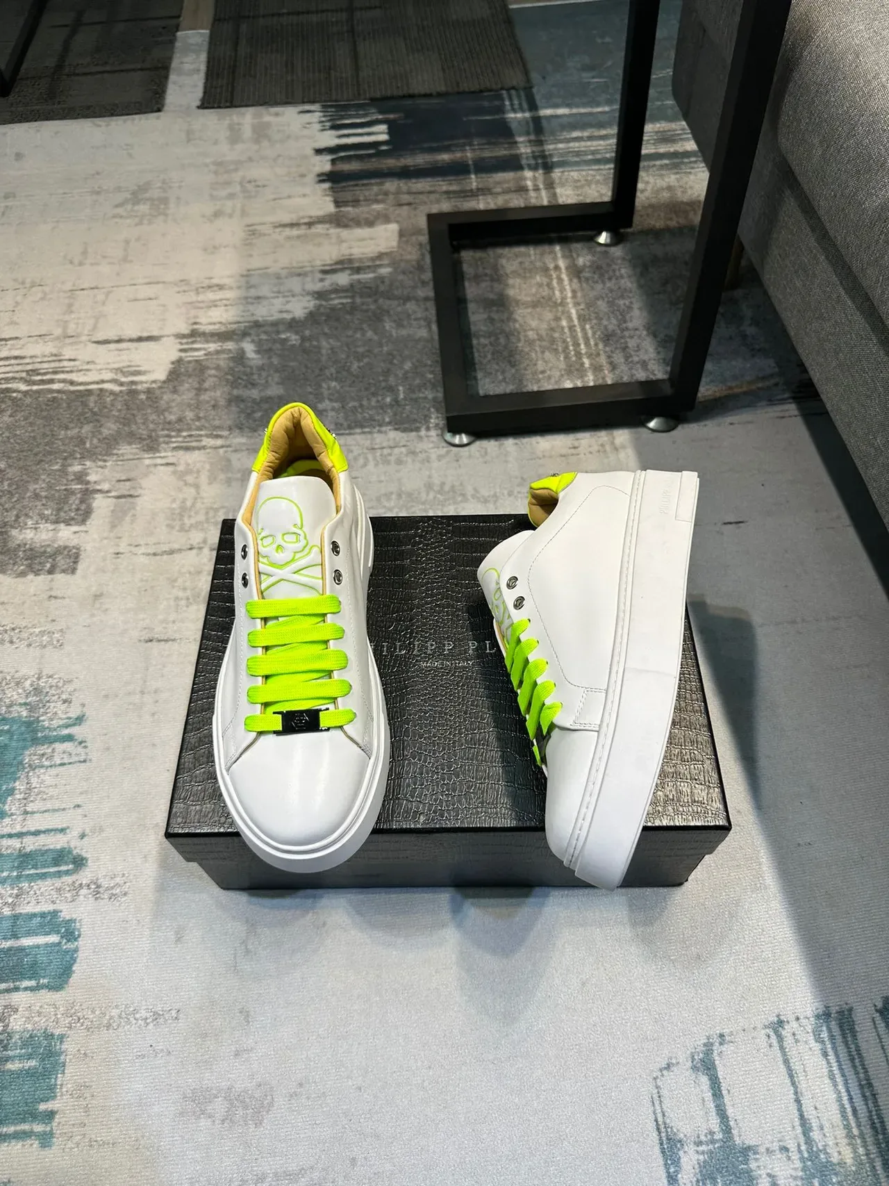Philipp Plein White and Neon Lime Green Platform Lifestyle Sneakers 4