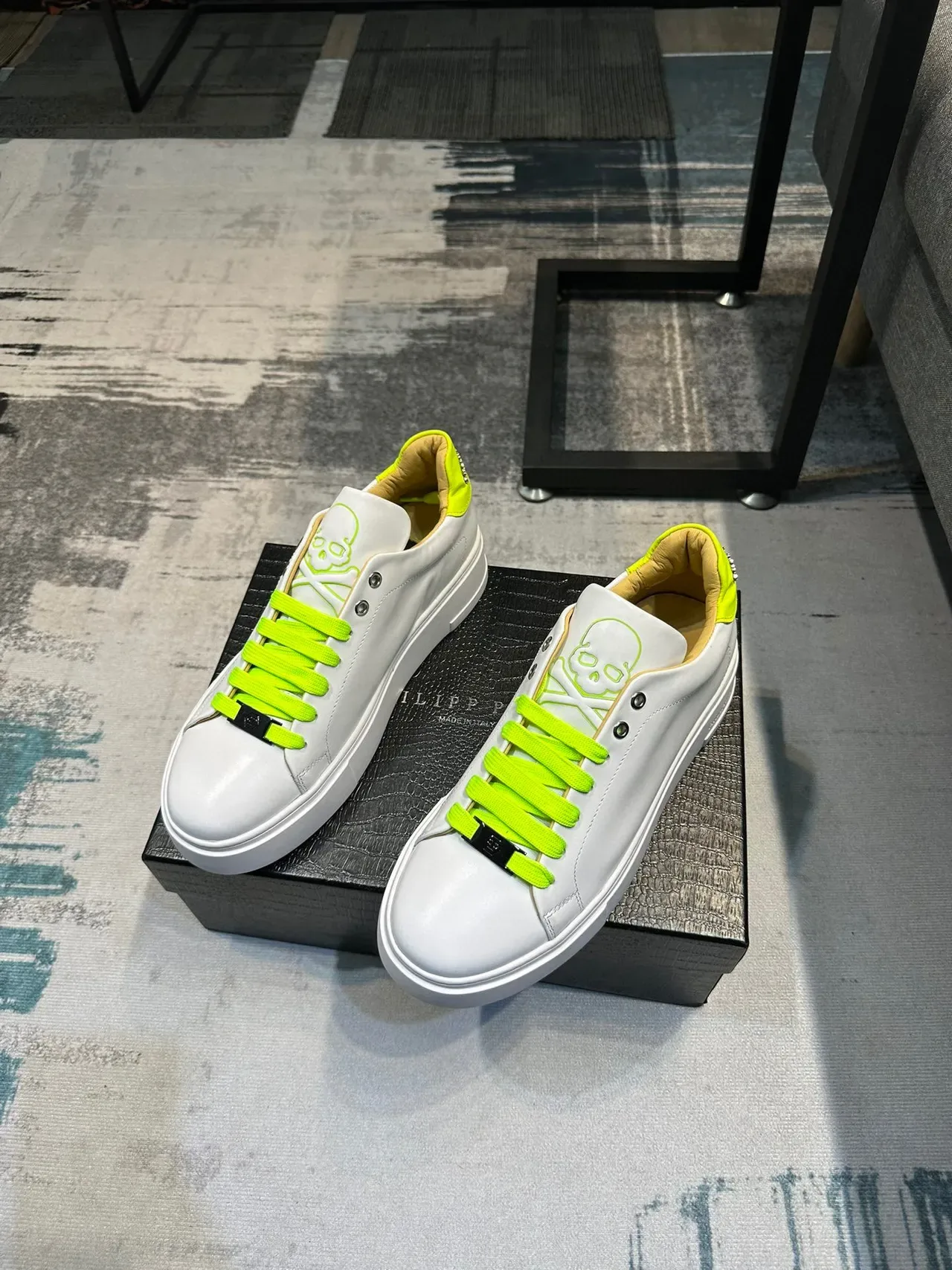 Philipp Plein White and Neon Lime Green Platform Lifestyle Sneakers 5