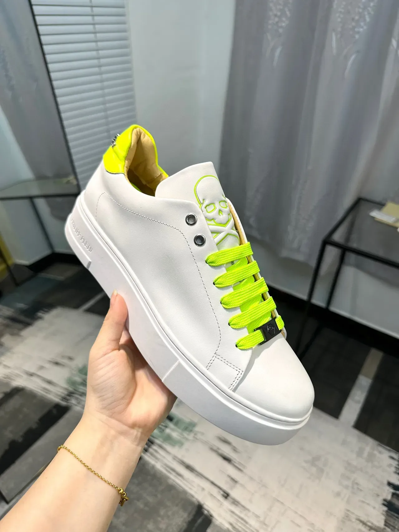 Philipp Plein White and Neon Lime Green Platform Lifestyle Sneakers 6