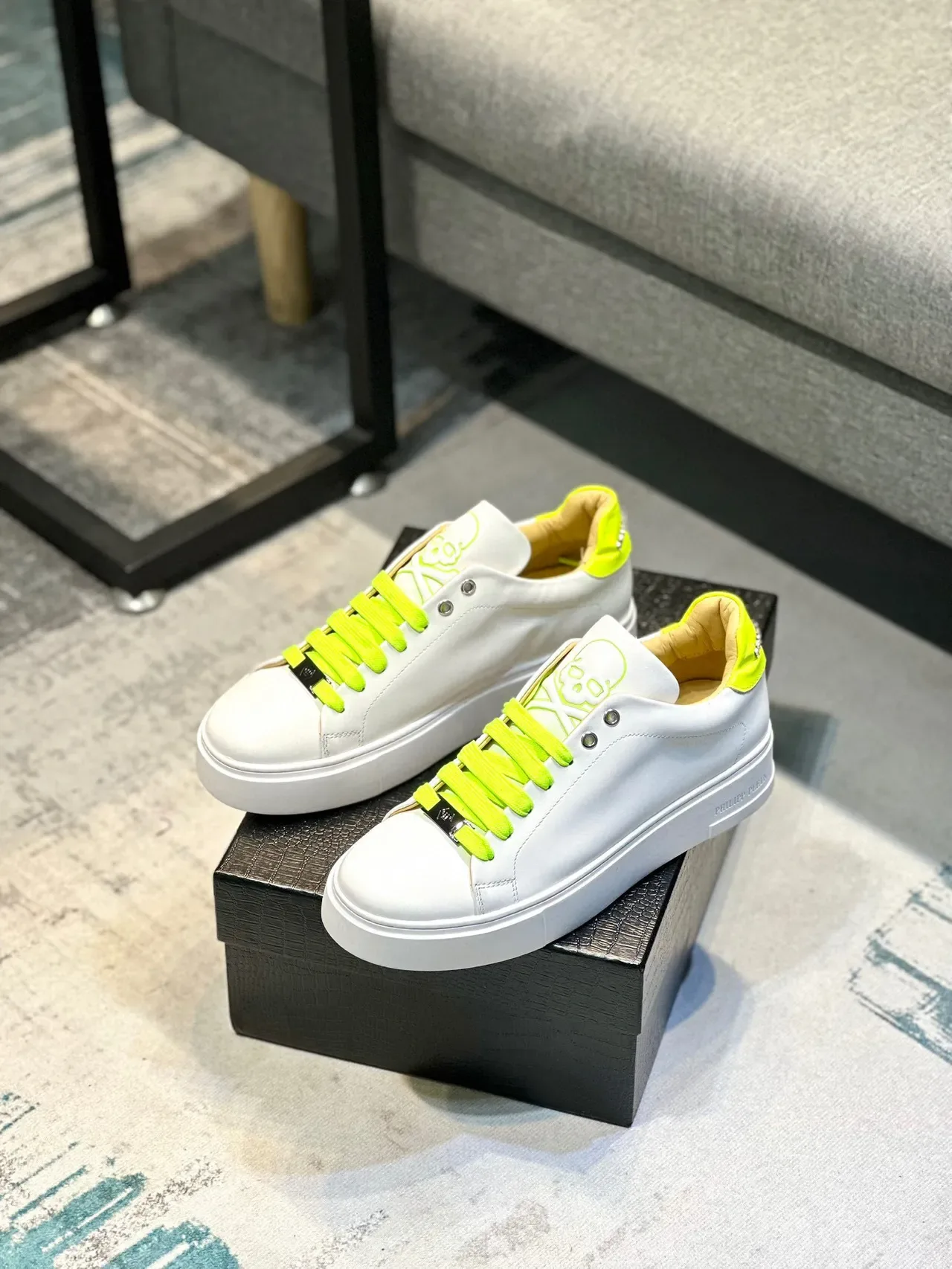 Philipp Plein White and Neon Lime Green Platform Lifestyle Sneakers 7