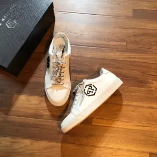 Philipp Plein White Black Low-Top Leather-Like Smooth Upper Lifestyle Sneakers