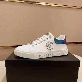 Philipp Plein 白色蓝色皮革鞋面虹彩鞋跟标签生活方式运动鞋