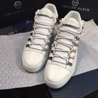 Philipp Plein White Silver Leather Upper Stacked Metallic Lace Loops Lifestyle Sneakers