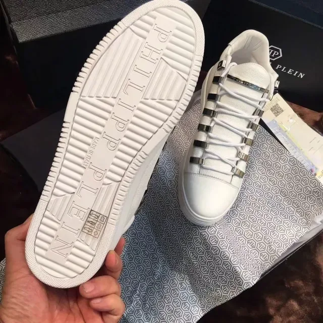 Philipp Plein Branco Prata Couro Superior Empilhado Loops de Cadarço Metálico Sneakers Lifestyle 2