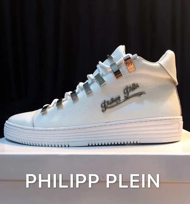 Philipp Plein Branco Prata Couro Superior Empilhado Loops de Cadarço Metálico Sneakers Lifestyle 3